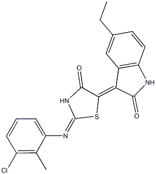 3-{2-[(3-chloro-2-methylphenyl)imino]-4-oxo-1,3-thiazolidin-5-ylidene}-5-ethyl-1,3-dihydro-2H-indol-2-one Struktur