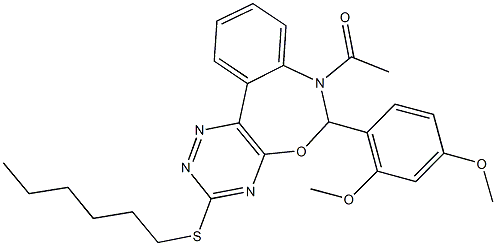 7-acetyl-6-(2,4-dimethoxyphenyl)-3-(hexylsulfanyl)-6,7-dihydro[1,2,4]triazino[5,6-d][3,1]benzoxazepine Struktur