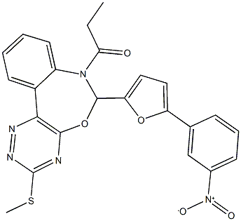 6-(5-{3-nitrophenyl}-2-furyl)-3-(methylsulfanyl)-7-propionyl-6,7-dihydro[1,2,4]triazino[5,6-d][3,1]benzoxazepine Struktur