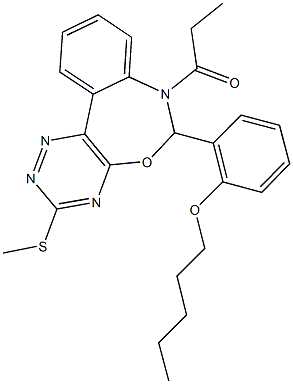 3-(methylsulfanyl)-6-[2-(pentyloxy)phenyl]-7-propionyl-6,7-dihydro[1,2,4]triazino[5,6-d][3,1]benzoxazepine Struktur