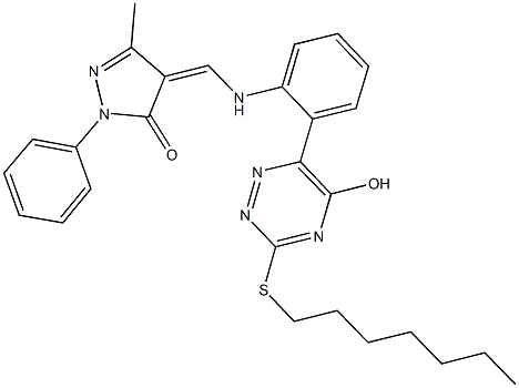 4-({2-[3-(heptylsulfanyl)-5-hydroxy-1,2,4-triazin-6-yl]anilino}methylene)-5-methyl-2-phenyl-2,4-dihydro-3H-pyrazol-3-one Struktur