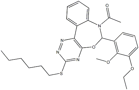 7-acetyl-6-(3-ethoxy-2-methoxyphenyl)-3-(hexylsulfanyl)-6,7-dihydro[1,2,4]triazino[5,6-d][3,1]benzoxazepine Struktur