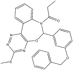 6-[3-(benzyloxy)phenyl]-3-(methylsulfanyl)-7-propionyl-6,7-dihydro[1,2,4]triazino[5,6-d][3,1]benzoxazepine Struktur