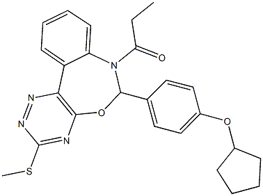 6-[4-(cyclopentyloxy)phenyl]-3-(methylsulfanyl)-7-propionyl-6,7-dihydro[1,2,4]triazino[5,6-d][3,1]benzoxazepine Struktur