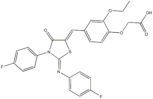 [2-ethoxy-4-({3-(4-fluorophenyl)-2-[(4-fluorophenyl)imino]-4-oxo-1,3-thiazolidin-5-ylidene}methyl)phenoxy]acetic acid Struktur