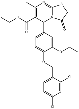 ethyl 5-{4-[(2,4-dichlorobenzyl)oxy]-3-ethoxyphenyl}-7-methyl-3-oxo-2,3-dihydro-5H-[1,3]thiazolo[3,2-a]pyrimidine-6-carboxylate Struktur