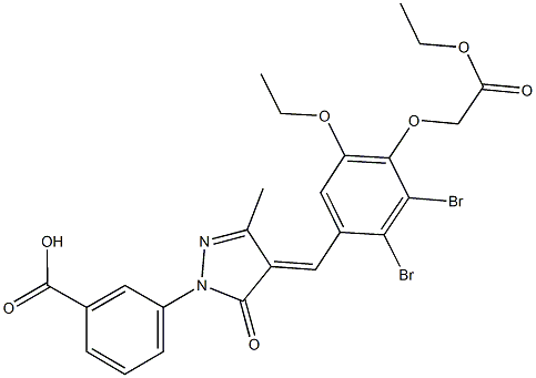 3-{4-[2,3-dibromo-5-ethoxy-4-(2-ethoxy-2-oxoethoxy)benzylidene]-3-methyl-5-oxo-4,5-dihydro-1H-pyrazol-1-yl}benzoic acid Struktur