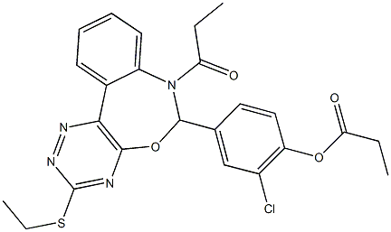 2-chloro-4-[3-(ethylsulfanyl)-7-propionyl-6,7-dihydro[1,2,4]triazino[5,6-d][3,1]benzoxazepin-6-yl]phenyl propionate Struktur