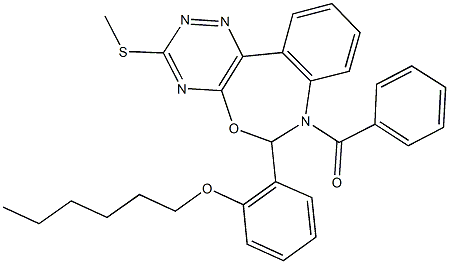 7-benzoyl-6-[2-(hexyloxy)phenyl]-3-(methylsulfanyl)-6,7-dihydro[1,2,4]triazino[5,6-d][3,1]benzoxazepine Struktur