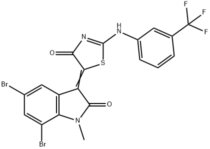 5,7-dibromo-1-methyl-3-(4-oxo-2-{[3-(trifluoromethyl)phenyl]imino}-1,3-thiazolidin-5-ylidene)-1,3-dihydro-2H-indol-2-one Struktur