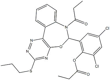 2,4-dichloro-6-[7-propionyl-3-(propylsulfanyl)-6,7-dihydro[1,2,4]triazino[5,6-d][3,1]benzoxazepin-6-yl]phenyl propionate Struktur