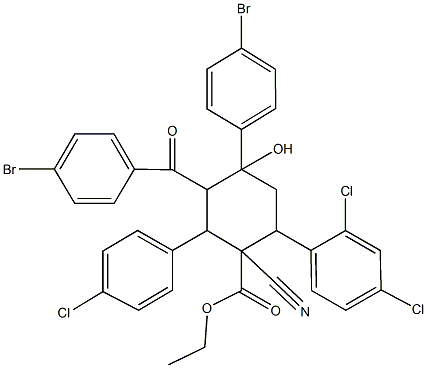 ethyl 3-(4-bromobenzoyl)-4-(4-bromophenyl)-2-(4-chlorophenyl)-1-cyano-6-(2,4-dichlorophenyl)-4-hydroxycyclohexanecarboxylate Struktur