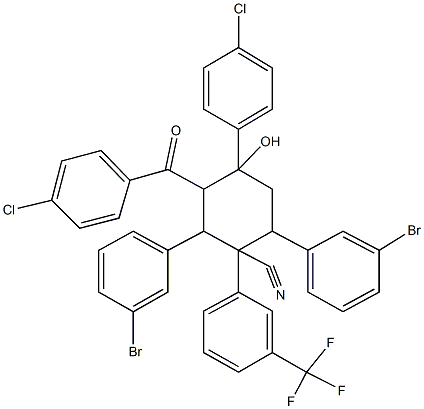 2,6-bis(3-bromophenyl)-3-(4-chlorobenzoyl)-4-(4-chlorophenyl)-4-hydroxy-1-[3-(trifluoromethyl)phenyl]cyclohexanecarbonitrile Struktur