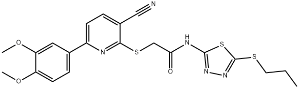 2-{[3-cyano-6-(3,4-dimethoxyphenyl)pyridin-2-yl]sulfanyl}-N-[5-(propylsulfanyl)-1,3,4-thiadiazol-2-yl]acetamide Struktur