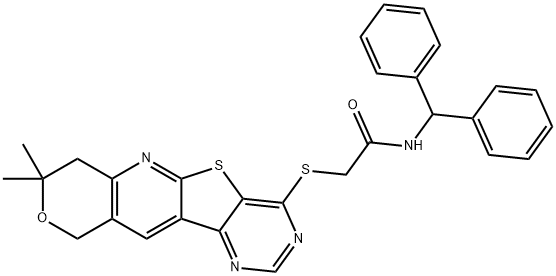 N-benzhydryl-2-[(8,8-dimethyl-7,10-dihydro-8H-pyrano[3'',4'':5',6']pyrido[3',2':4,5]thieno[3,2-d]pyrimidin-4-yl)sulfanyl]acetamide Struktur