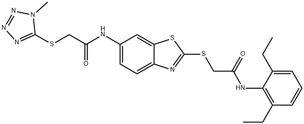 N-(2-{[2-(2,6-diethylanilino)-2-oxoethyl]sulfanyl}-1,3-benzothiazol-6-yl)-2-[(1-methyl-1H-tetraazol-5-yl)sulfanyl]acetamide Struktur