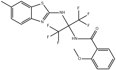 2-methoxy-N-[2,2,2-trifluoro-1-[(6-methyl-1,3-benzothiazol-2-yl)amino]-1-(trifluoromethyl)ethyl]benzamide Struktur