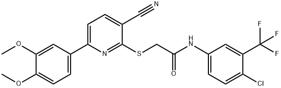 N-[4-chloro-3-(trifluoromethyl)phenyl]-2-{[3-cyano-6-(3,4-dimethoxyphenyl)pyridin-2-yl]sulfanyl}acetamide Struktur