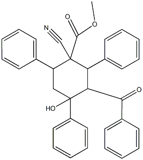 methyl 3-benzoyl-1-cyano-4-hydroxy-2,4,6-triphenylcyclohexanecarboxylate Struktur