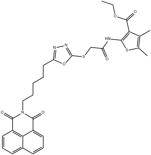 ethyl 2-{[({5-[5-(1,3-dioxo-1H-benzo[de]isoquinolin-2(3H)-yl)pentyl]-1,3,4-oxadiazol-2-yl}sulfanyl)acetyl]amino}-4,5-dimethylthiophene-3-carboxylate Struktur