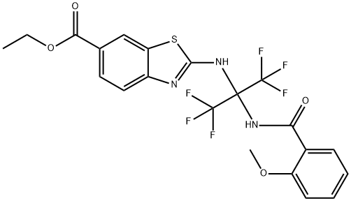 ethyl 2-{[2,2,2-trifluoro-1-[(2-methoxybenzoyl)amino]-1-(trifluoromethyl)ethyl]amino}-1,3-benzothiazole-6-carboxylate Struktur