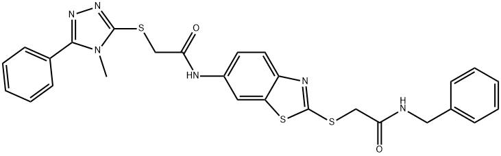 N-(2-{[2-(benzylamino)-2-oxoethyl]sulfanyl}-1,3-benzothiazol-6-yl)-2-[(4-methyl-5-phenyl-4H-1,2,4-triazol-3-yl)sulfanyl]acetamide Struktur