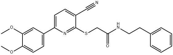 2-{[3-cyano-6-(3,4-dimethoxyphenyl)pyridin-2-yl]sulfanyl}-N-(2-phenylethyl)acetamide Struktur