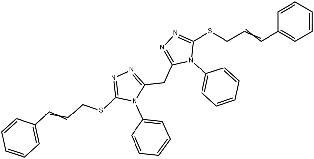 3-(cinnamylsulfanyl)-5-{[5-(cinnamylsulfanyl)-4-phenyl-4H-1,2,4-triazol-3-yl]methyl}-4-phenyl-4H-1,2,4-triazole Struktur