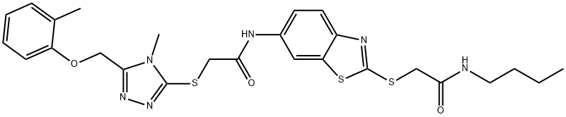 N-(2-{[2-(butylamino)-2-oxoethyl]sulfanyl}-1,3-benzothiazol-6-yl)-2-({4-methyl-5-[(2-methylphenoxy)methyl]-4H-1,2,4-triazol-3-yl}sulfanyl)acetamide Struktur