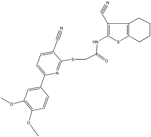 2-{[3-cyano-6-(3,4-dimethoxyphenyl)pyridin-2-yl]sulfanyl}-N-(3-cyano-4,5,6,7-tetrahydro-1-benzothien-2-yl)acetamide Struktur