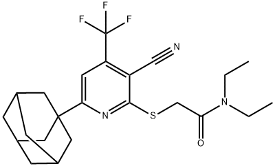 2-{[6-(1-adamantyl)-3-cyano-4-(trifluoromethyl)pyridin-2-yl]sulfanyl}-N,N-diethylacetamide Struktur