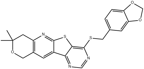 1,3-benzodioxol-5-ylmethyl 8,8-dimethyl-7,10-dihydro-8H-pyrano[3'',4'':5',6']pyrido[3',2':4,5]thieno[3,2-d]pyrimidin-4-yl sulfide Struktur