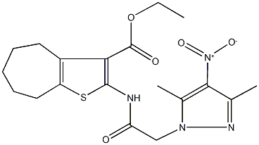 ethyl 2-[({4-nitro-3,5-dimethyl-1H-pyrazol-1-yl}acetyl)amino]-5,6,7,8-tetrahydro-4H-cyclohepta[b]thiophene-3-carboxylate Struktur