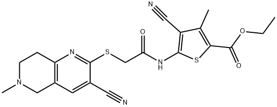 ethyl 4-cyano-5-({[(3-cyano-6-methyl-5,6,7,8-tetrahydro[1,6]naphthyridin-2-yl)sulfanyl]acetyl}amino)-3-methylthiophene-2-carboxylate Struktur