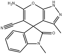 6-amino-1',3-dimethyl-1,1',3',4-tetrahydro-2'-oxospiro(pyrano[2,3-c]pyrazole-4,3'-[2'H]-indole)-5-carbonitrile Struktur