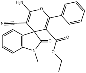 ethyl 6'-amino-5'-cyano-1-methyl-1,3-dihydro-2-oxo-2'-phenylspiro[2H-indole-3,4'-(4'H)-pyran]-3'-carboxylate Struktur