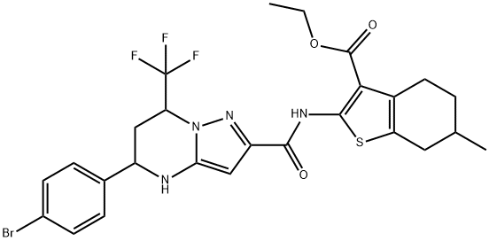 ethyl 2-({[5-(4-bromophenyl)-7-(trifluoromethyl)-4,5,6,7-tetrahydropyrazolo[1,5-a]pyrimidin-2-yl]carbonyl}amino)-6-methyl-4,5,6,7-tetrahydro-1-benzothiophene-3-carboxylate Struktur