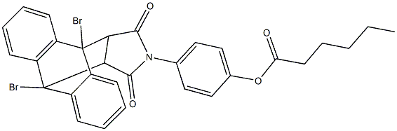 4-(1,8-dibromo-16,18-dioxo-17-azapentacyclo[6.6.5.0~2,7~.0~9,14~.0~15,19~]nonadeca-2,4,6,9,11,13-hexaen-17-yl)phenyl hexanoate Struktur