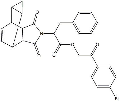 2-(4-bromophenyl)-2-oxoethyl 2-(3,5-dioxo-4-azatetracyclo[5.3.2.0~2,6~.0~8,10~]dodec-11-en-4-yl)-3-phenylpropanoate Struktur