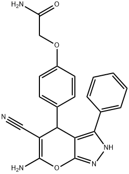 2-{[4-(6-amino-5-cyano-3-phenyl-2,4-dihydropyrano[2,3-c]pyrazol-4-yl)phenyl]oxy}acetamide Struktur