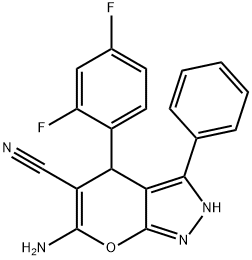 6-amino-4-(2,4-difluorophenyl)-3-phenyl-1,4-dihydropyrano[2,3-c]pyrazole-5-carbonitrile Struktur