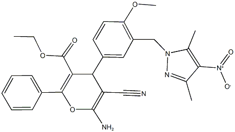 ethyl 6-amino-5-cyano-4-[3-({4-nitro-3,5-dimethyl-1H-pyrazol-1-yl}methyl)-4-methoxyphenyl]-2-phenyl-4H-pyran-3-carboxylate Struktur