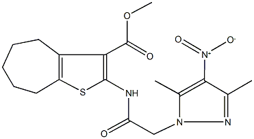 methyl 2-[({4-nitro-3,5-dimethyl-1H-pyrazol-1-yl}acetyl)amino]-5,6,7,8-tetrahydro-4H-cyclohepta[b]thiophene-3-carboxylate Struktur