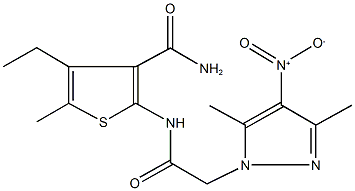 4-ethyl-2-[({4-nitro-3,5-dimethyl-1H-pyrazol-1-yl}acetyl)amino]-5-methyl-3-thiophenecarboxamide Struktur