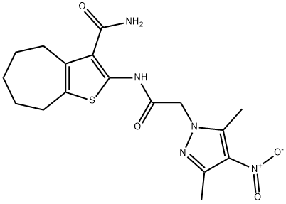 2-[({4-nitro-3,5-dimethyl-1H-pyrazol-1-yl}acetyl)amino]-5,6,7,8-tetrahydro-4H-cyclohepta[b]thiophene-3-carboxamide Struktur