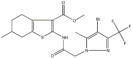 methyl 2-({[4-bromo-5-methyl-3-(trifluoromethyl)-1H-pyrazol-1-yl]acetyl}amino)-6-methyl-4,5,6,7-tetrahydro-1-benzothiophene-3-carboxylate Struktur