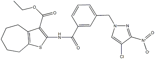 ethyl 2-{[3-({4-chloro-3-nitro-1H-pyrazol-1-yl}methyl)benzoyl]amino}-5,6,7,8-tetrahydro-4H-cyclohepta[b]thiophene-3-carboxylate Struktur