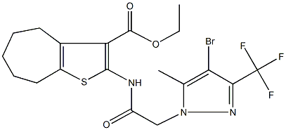 ethyl 2-({[4-bromo-5-methyl-3-(trifluoromethyl)-1H-pyrazol-1-yl]acetyl}amino)-5,6,7,8-tetrahydro-4H-cyclohepta[b]thiophene-3-carboxylate Struktur