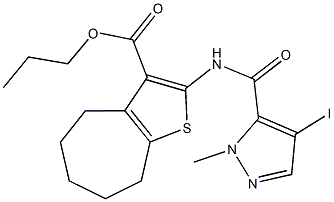 propyl 2-{[(4-iodo-1-methyl-1H-pyrazol-5-yl)carbonyl]amino}-5,6,7,8-tetrahydro-4H-cyclohepta[b]thiophene-3-carboxylate Struktur