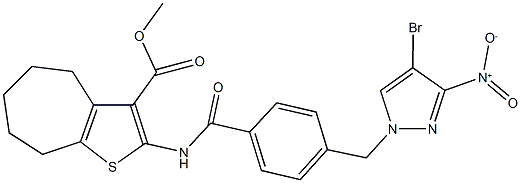 methyl 2-{[4-({4-bromo-3-nitro-1H-pyrazol-1-yl}methyl)benzoyl]amino}-5,6,7,8-tetrahydro-4H-cyclohepta[b]thiophene-3-carboxylate Struktur